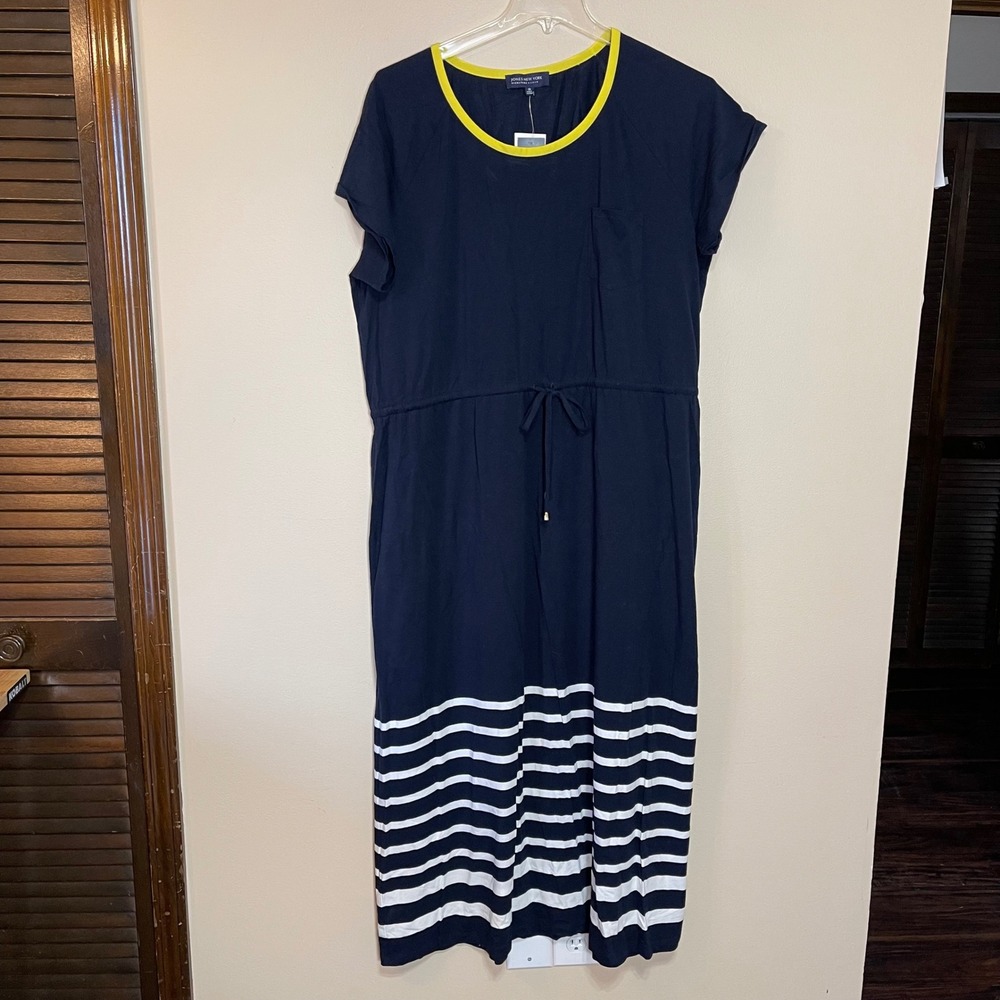 Jones New York Navy Midi Dress with Yellow Trim and White Stripes - Picture 1 of 9